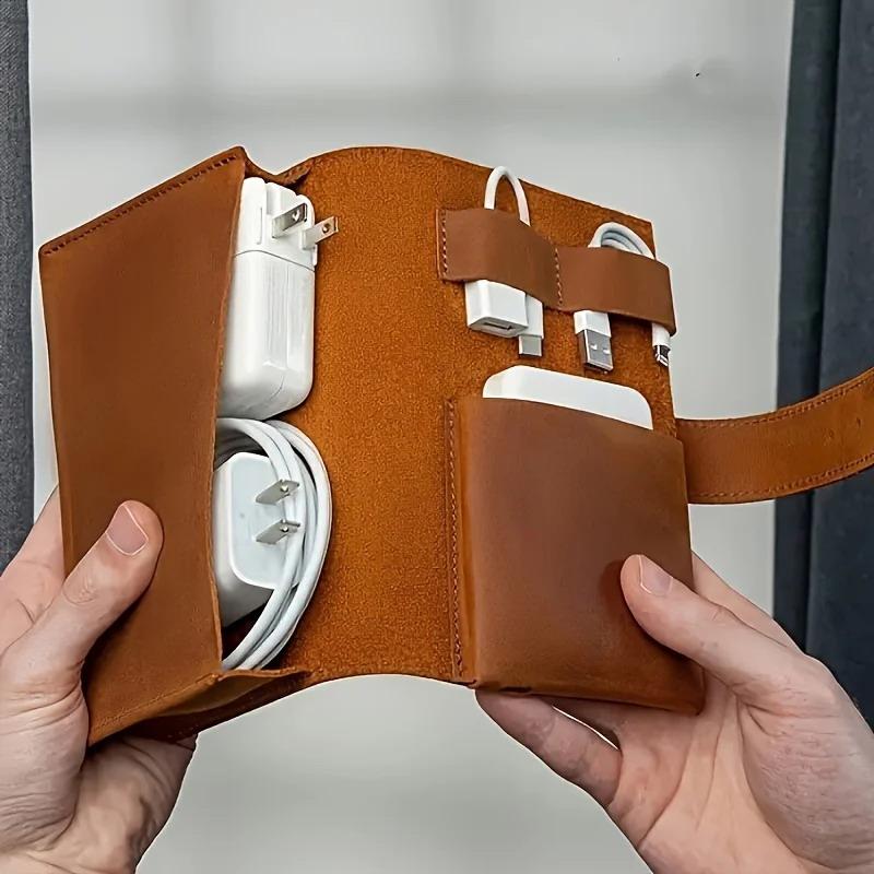 Tech Woven Accessories - 1pc PUレザーマルチコンパートメントオーガナイザー-ケーブル、充電器、ペン用のポータブルテックスクールアクセサリーケース-耐久性のある旅行用収納
