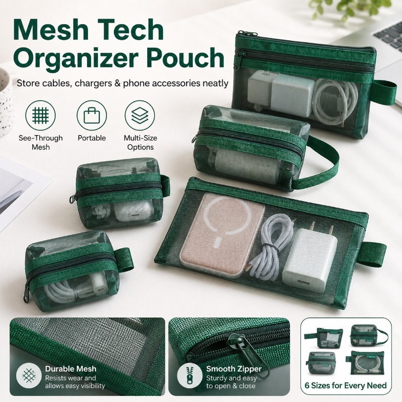 6個入りメッシュテックオーガナイザーポーチ、充電器、イヤホン - Tech Woven Accessories のレビューと価格